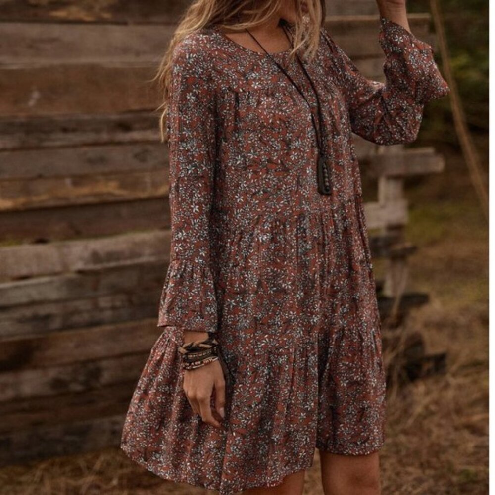 Boho Floral Flounce Sleeve Smock Dress